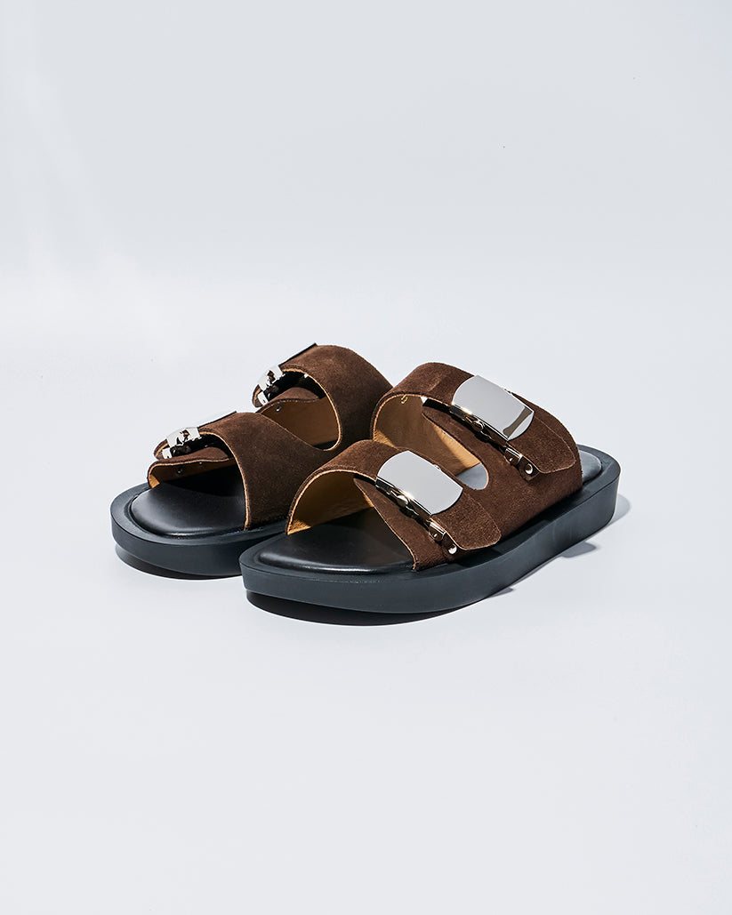 SLIDE BUCKLE PLATFORM SANDALS BROWN SUEDE