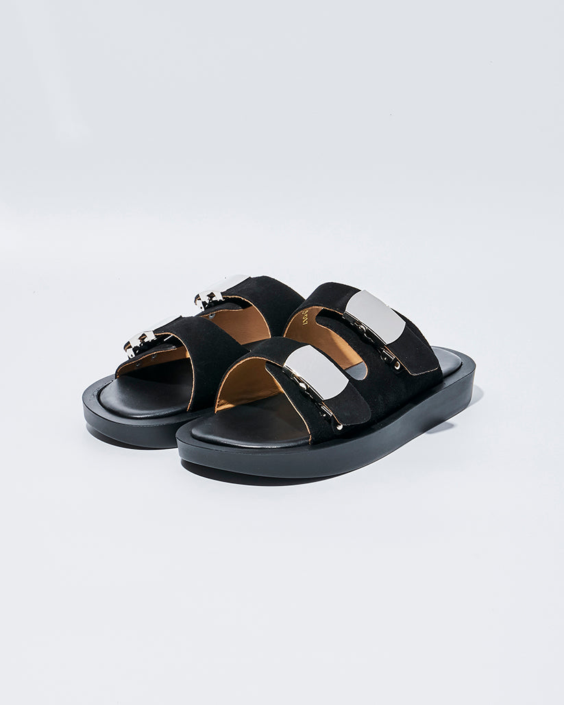 SLIDE BUCKLE PLATFORM SANDALS BLACK SUEDE