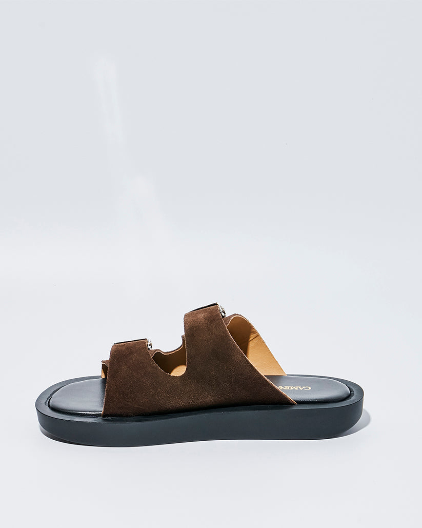 SLIDE BUCKLE PLATFORM SANDALS BROWN SUEDE
