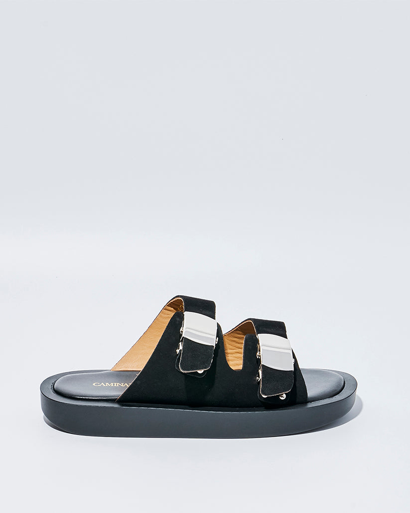 SLIDE BUCKLE PLATFORM SANDALS BLACK SUEDE