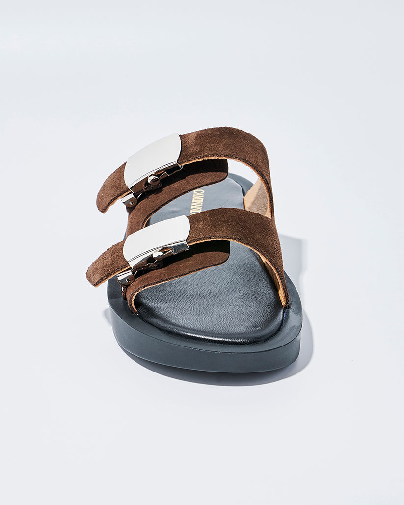 SLIDE BUCKLE PLATFORM SANDALS BROWN SUEDE