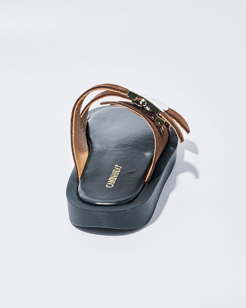 SLIDE BUCKLE PLATFORM SANDALS BROWN SUEDE