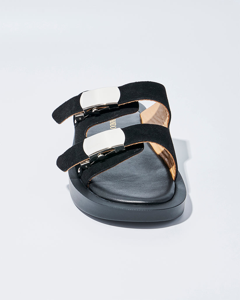 SLIDE BUCKLE PLATFORM SANDALS BLACK SUEDE