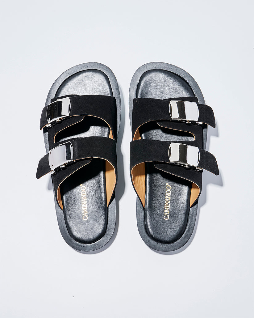 SLIDE BUCKLE PLATFORM SANDALS BLACK SUEDE