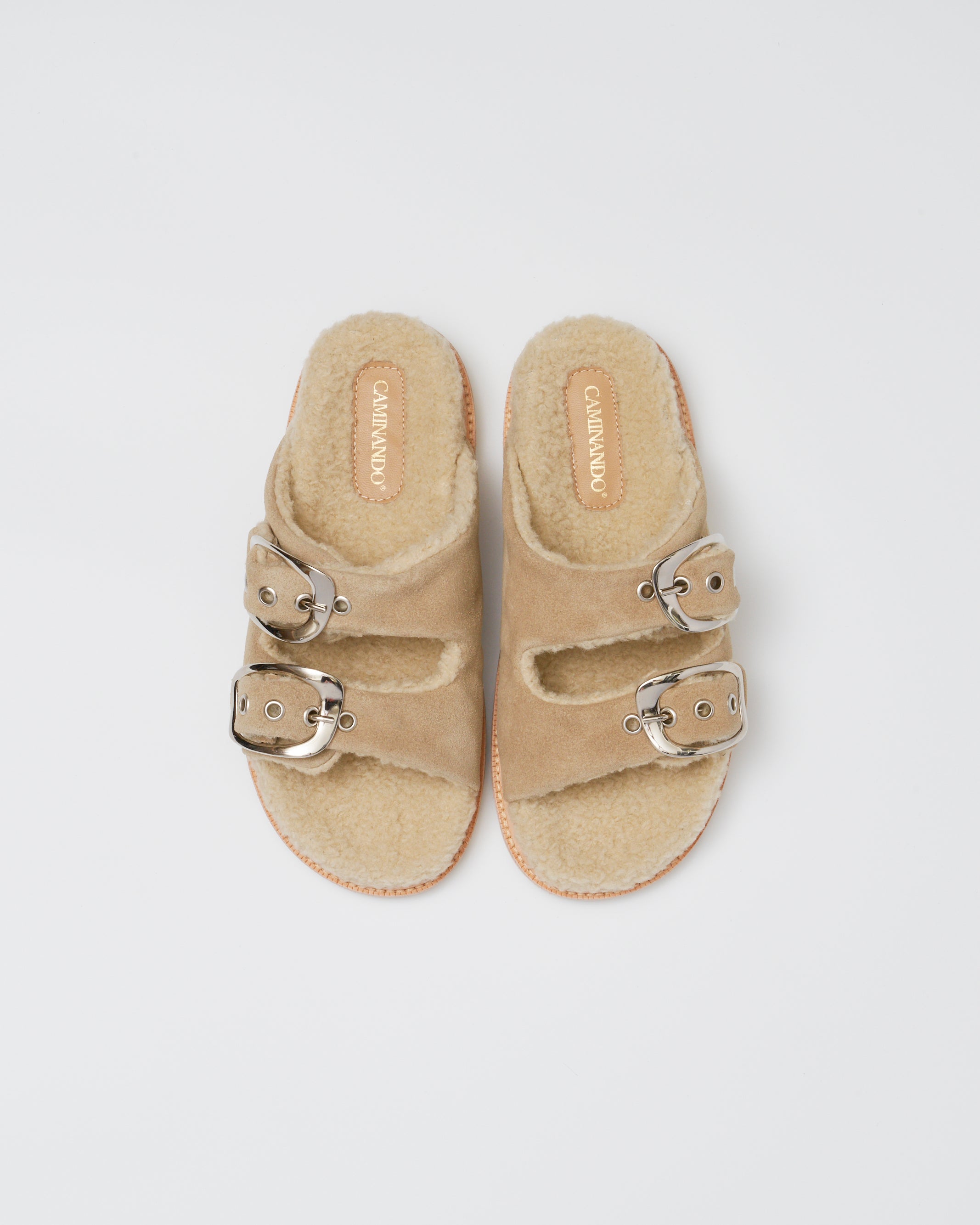 23118W DOUBLE BUCKLE SHEARING SANDALS BEIGE SUEDE – caminando.jp