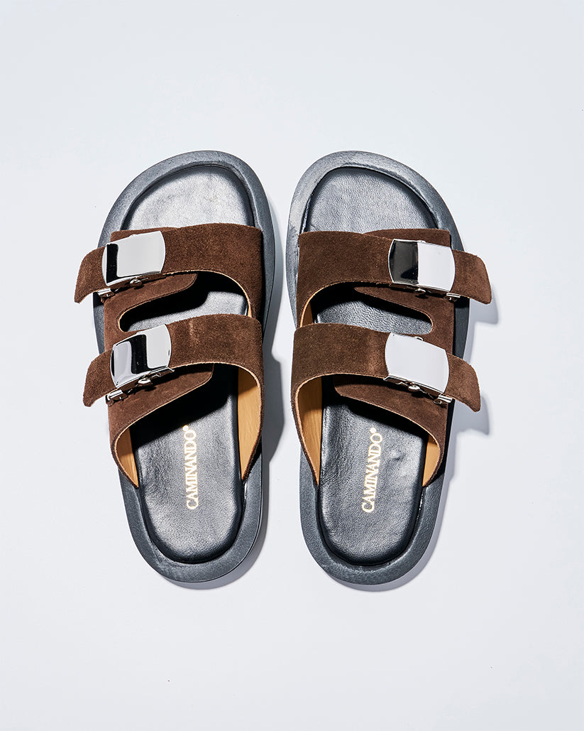SLIDE BUCKLE PLATFORM SANDALS BROWN SUEDE