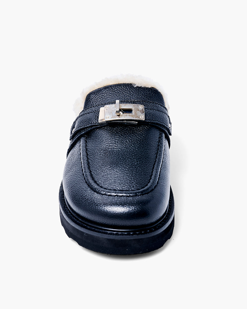 SHEARING BUCKLE SANDALS GRAIN LEATHER BLACK