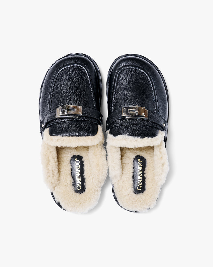 SHEARING BUCKLE SANDALS GRAIN LEATHER BLACK