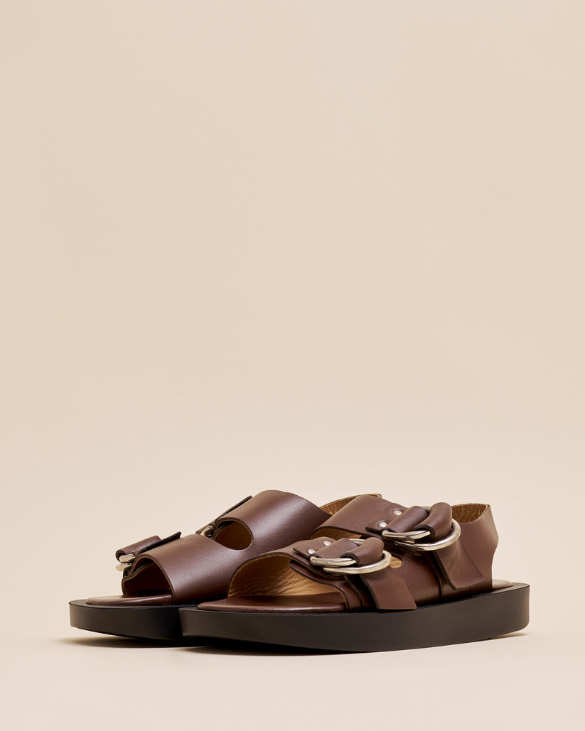 DOUBLE RING PLATFORM SANDALS BROWN