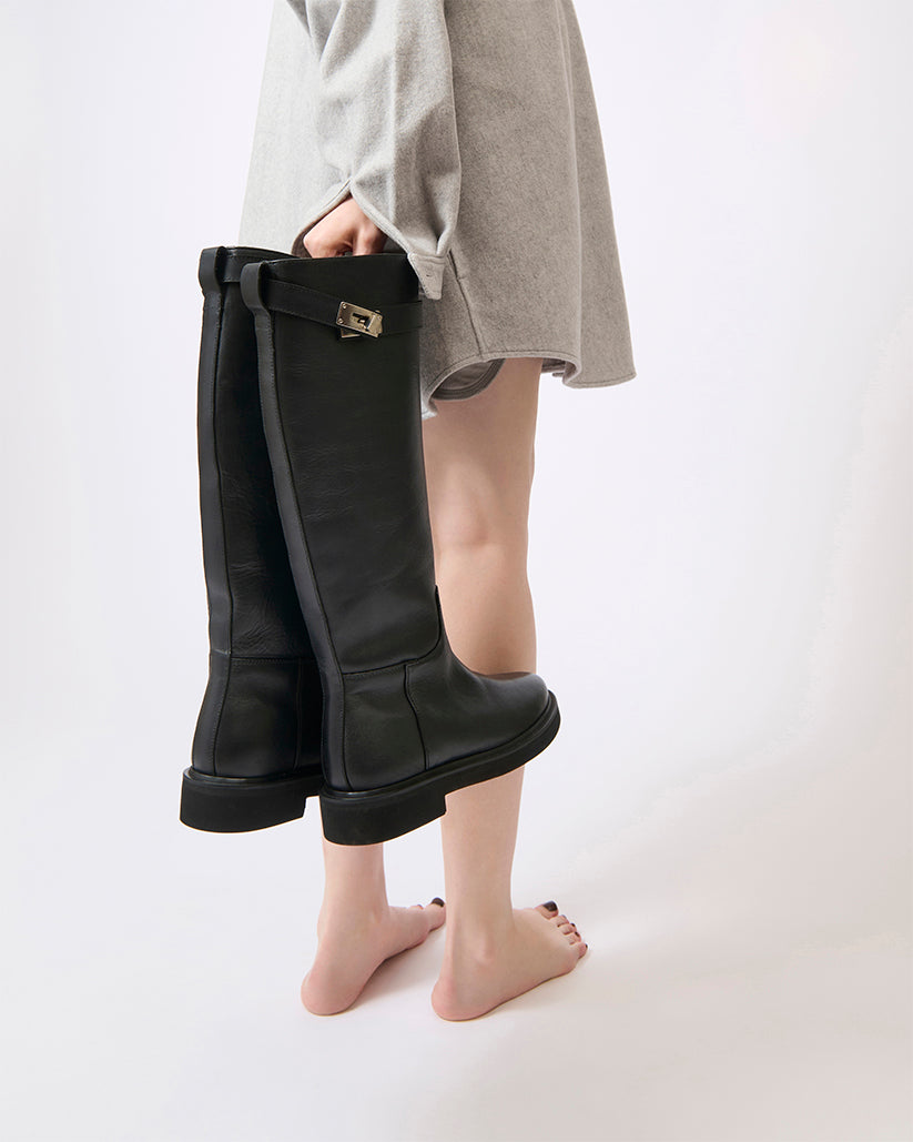 BUCKLE STRAP LONG BOOTS BLACK